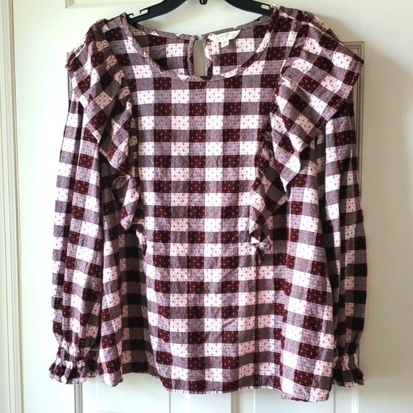BUFFALO CHECK RUFFLE TOP SIZE PLUS 2X BLACK WHITE RED LONG SLEEVE COTTON - Picture 1 of 10